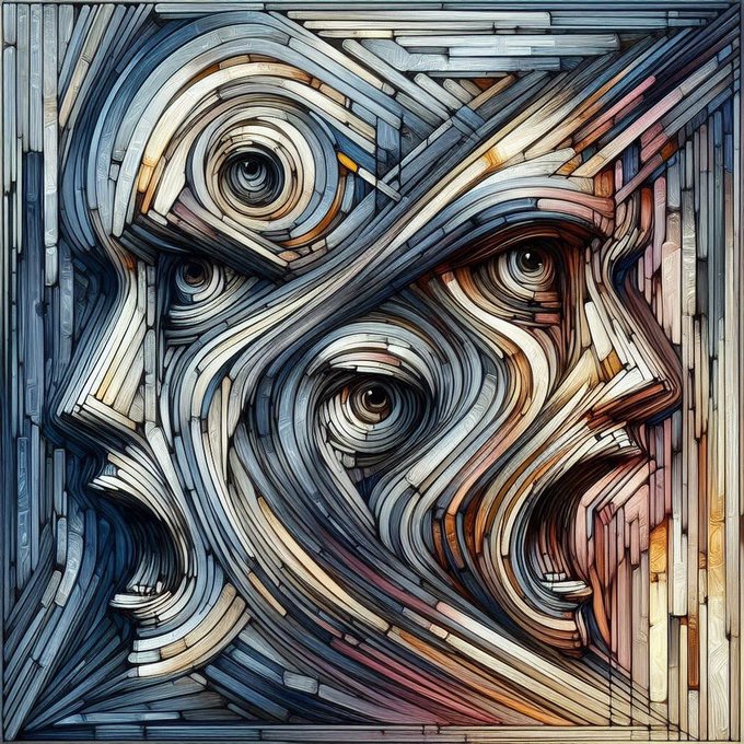 A surreal abstract artwork composed of layered linear elements forming multiple faces and eyes in muted tones of blue, brown, pink, and white, creating an intricate textured pattern.