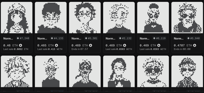 A grid of 12 pixelated portrait NFTs from the @normiesART collection displayed on a marketplace, showing prices ranging from 0.465 ETH to 0.4707 ETH with floor rankings and sale data, visually supporting the post's claim about the collection's rising 0.47 ETH floor price.