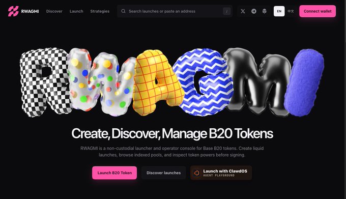 The RWAGMI website homepage displays 'Create, Discover, Manage B20 Tokens' with buttons for 'Launch B20 Token', 'Discover launches', and 'Launch with ClawdOS BETA TESTING'.