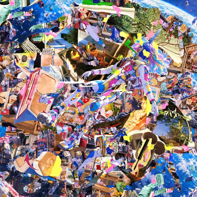 A chaotic, colorful digital collage featuring various objects, characters, and imagery compressed into a sphere-like composition.