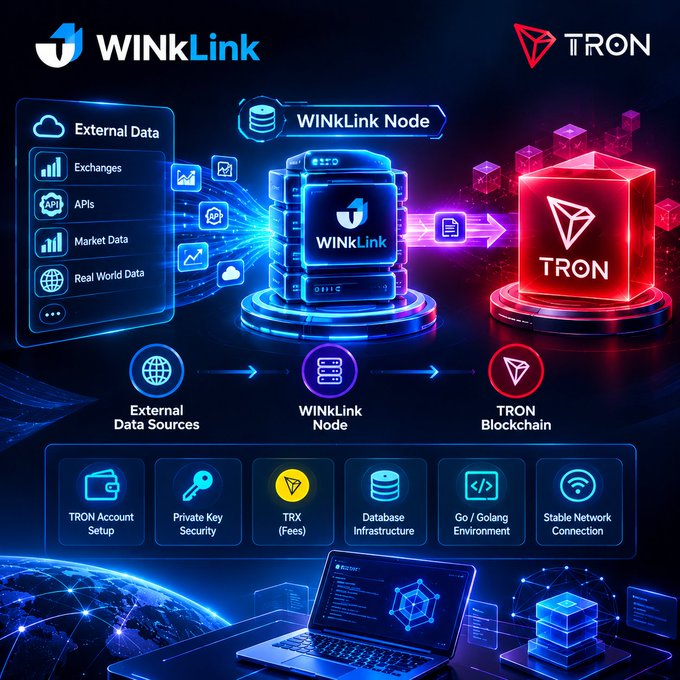 An infographic illustrating the WINkLink oracle system's workflow on the TRON blockchain, showing how external data from exchanges, APIs, and real-world sources is processed through the WINkLink Node before being delivered to the TRON network, with key operational requirements listed including TRON Account Setup, Private Key Security, TRX Fees, Database Infrastructure, Go/Golang Environment, and Stable Network Connection.