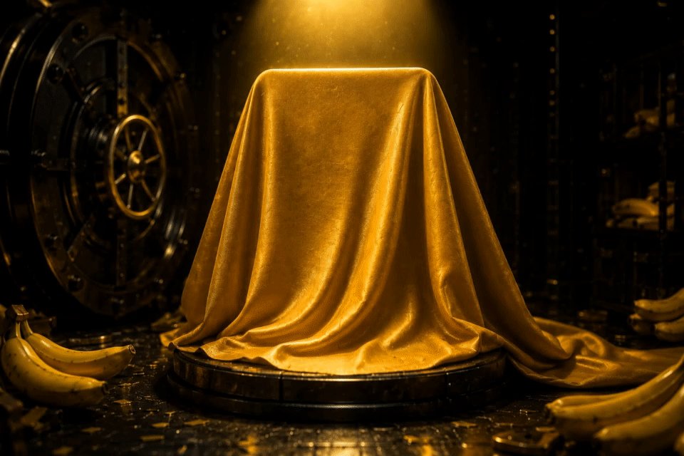 The image features a large golden curtain with a small gold box placed underneath it. The curtain appears to be made from a shiny fabric or material, possibly velvet. Surrounding this scene are several bananas of various sizes, some hanging on the wall while others are placed on the floor. The bananas seem to be arranged in an interesting pattern that draws attention to both the curtain and the box beneath it.