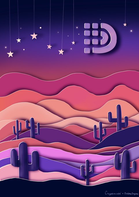 A stylized illustration of a purple desert landscape with layered hills, cacti, hanging stars, and a crescent-like logo; a small “Cybercafe x Babbel…” signature appears at the bottom.