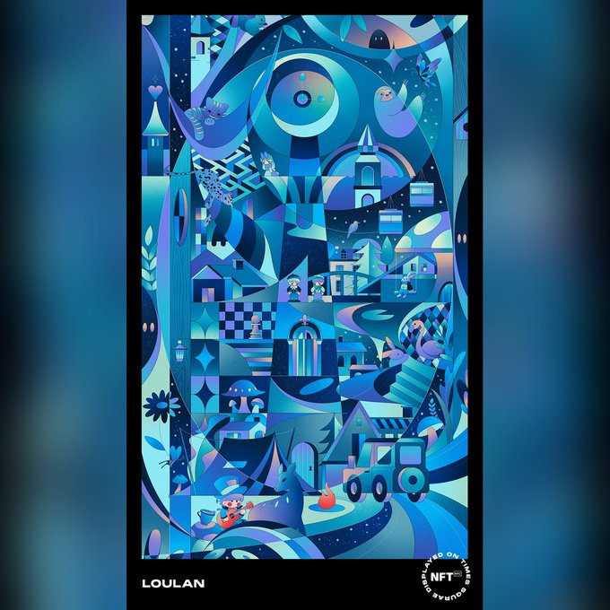 Vertical NFT artwork titled 'LOULAN' featuring an intricate blue-toned surreal illustration with geometric shapes, eyes, buildings, and small characters.