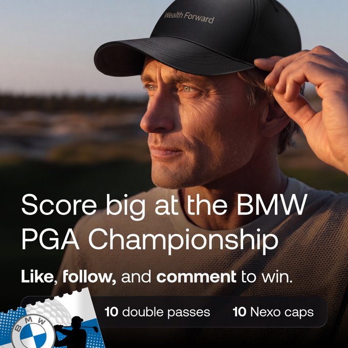 A man wearing a "Wealth Forward" cap looks off into the distance at a golf course, with overlay text reading "Score big at the BMW PGA Championship - Like, follow, and comment to win" and detailing the giveaway of "10 double passes" and "10 Nexo caps." The image ties directly to the Instagram post, which promotes the BMW PGA Championship contest requiring users to follow, like, and comment to win prizes.