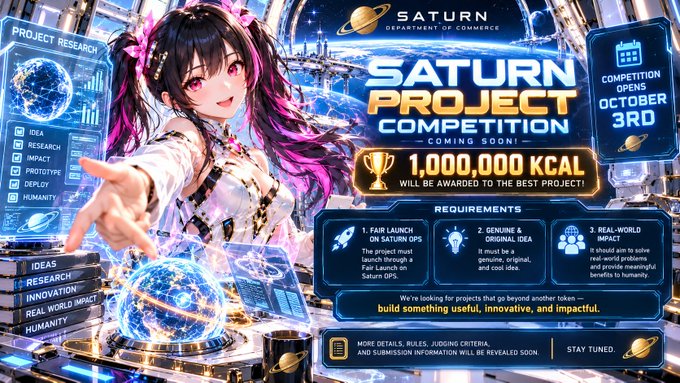 An anime-style promotional poster for the 'SATURN PROJECT COMPETITION' by the Saturn Department of Commerce, featuring a pink-haired anime girl reaching forward, with a prize of '1,000,000 KCAL' and competition opening October 3rd.