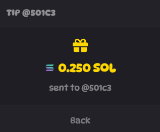 A screenshot confirming a 0.250 SOL tip was sent to user @501C3, supporting the post's claim of rewarding a new referral with 0.25 $SOL for reaching level 20.