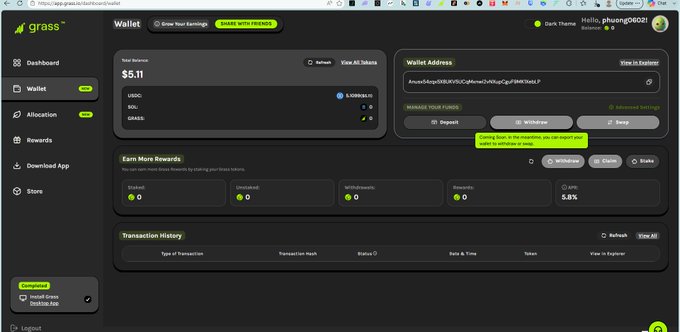 A screenshot of the Grass crypto wallet dashboard showing a balance of $5.11 and a wallet address for user phuong06021.