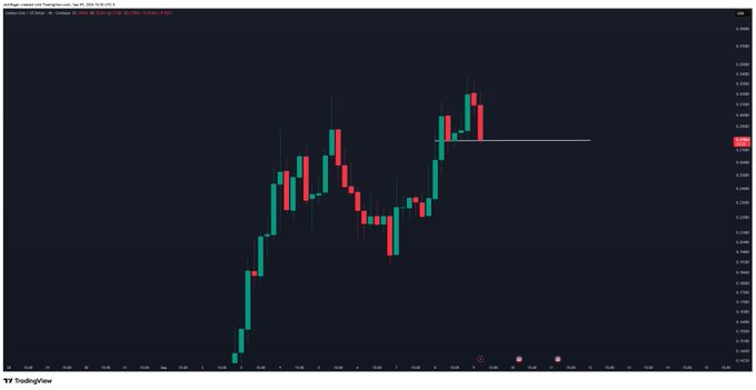 A TradingView candlestick chart displays the price action of USELESS/USDT on July 30, 2025, with the price recently dipping from a local high near 0.1280 down toward approximately 0.1220, where a horizontal support line has been drawn — visually illustrating the dip referenced in the post.