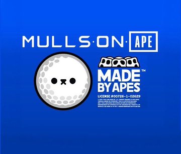 A blue digital graphic features the text 'MULLS ON APE' next to a white golf ball designed to look like a Bored Ape NFT face, alongside a 'MADE BY APES' certification logo with license number #00726-1-02629.