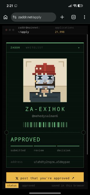 A mobile screenshot of a 'ZADDR' whitelist application showing a pixel-art avatar for 'ZA-EXIHOK (@nehedysalaman6)' with an 'APPROVED' status and a button to post on X.