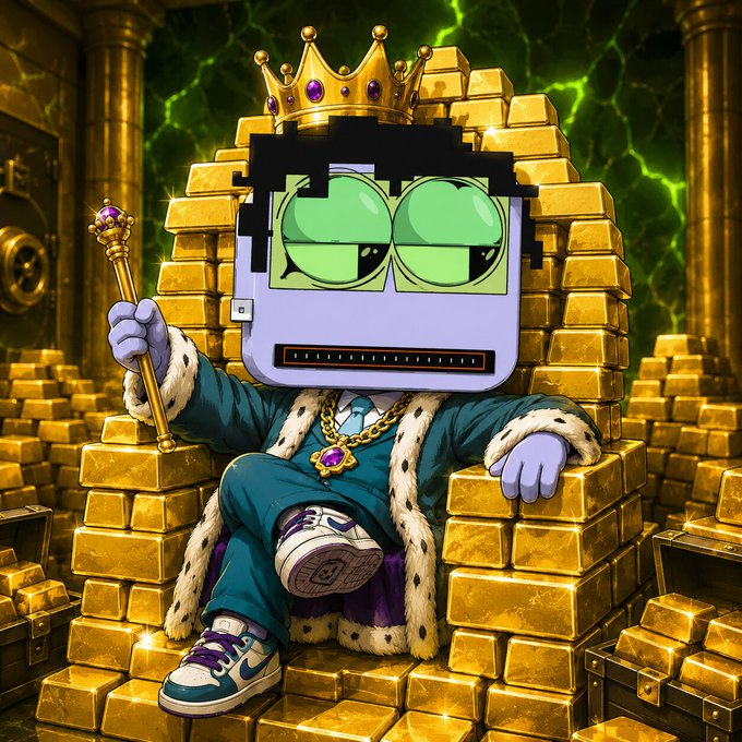 A cartoon illustration of a computer monitor character wearing a gold crown and a teal suit, sitting on a throne made of gold bars and holding a scepter.