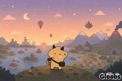 A cartoon dog-like character with a purple backpack stands on a grassy cliff overlooking a fantasy landscape with mountains, water, and hot air balloons at sunset, with 'Gloobs' text in the bottom right.