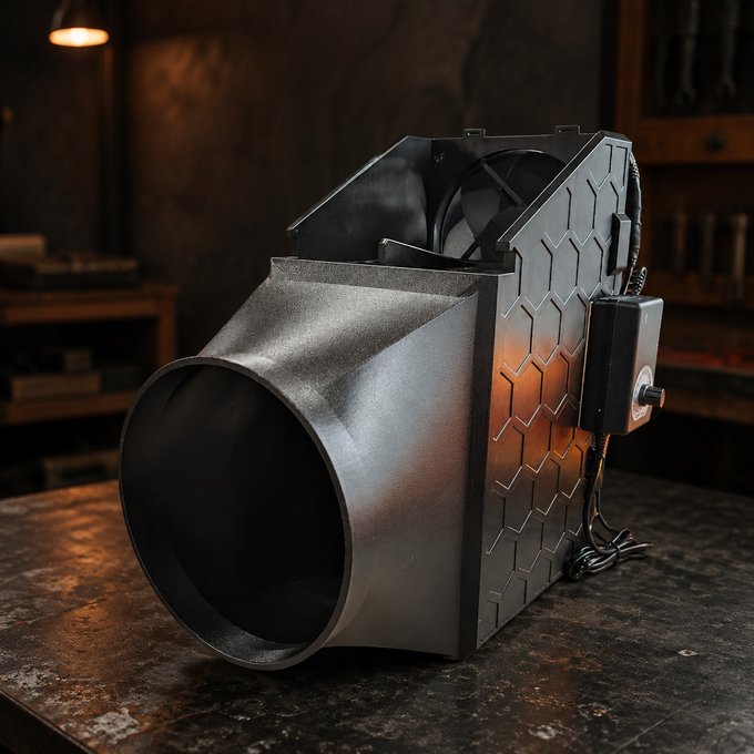 An industrial-looking dark metal device with a large horn-shaped nozzle, honeycomb paneling, and a dial, sitting on a workbench in a dimly lit workshop.