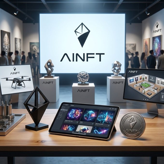 Promotional image for AINFT showcasing a modern gallery space with the AINFT logo, featuring displays of digital collectibles, sculptures, a tablet showing NFT artwork, and a commemorative coin.