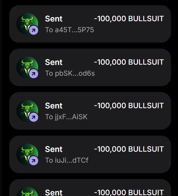 The image shows a transaction history displaying multiple "Sent" entries of 100,000 BULLSUIT tokens sent to various Solana wallet addresses (a45T...5P75, pbSK...od6s, jjxF...AiSK, iuJi...dTCF). This appears to support the accompanying post's claim of distributing 100,000 $BULLSUIT tokens as part of a Solana airdrop giveaway requiring likes, retweets, and shared wallet addresses.