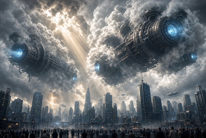 Massive futuristic cloud-powered engines loom over a sprawling cityscape, illuminating the skyline with glowing blue thrusters as crowds below watch in awe—visually mirroring the post's theme of powerful "cloud engines" arriving to transform the digital finance landscape, anchored by Sygnum Bank's new role as a Cloud Engine provider on the Internet Computer.