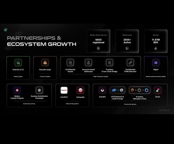 A dark-themed infographic titled "PARTNERSHIPS & ECOSYSTEM GROWTH" for Beldex (beldex.io), highlighting network stats including 6,403 Beldex Name Service registrations, 2,935+ active Masternodes, and 11.47M BDX burned, alongside ecosystem partners like Android v2.31, PancakeSwap, QuickEx, CoinDCX, Wikipedia, and Eigen for privacy infrastructure updates.