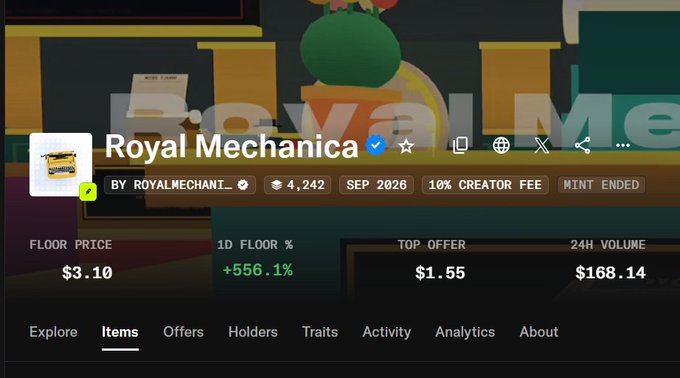 Screenshot of a digital marketplace listing for 'Royal Mechanica' by ROYALMECHANI, showing statistics like a Floor Price of $3.10, 1D Floor % of +556.1%, and a 24H Volume of $168.14.