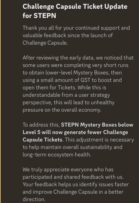 A text graphic titled 'Challenge Capsule Ticket Update for STEPN' addressing users about changes to Mystery Boxes and Challenge Capsule Tickets to maintain ecosystem health.