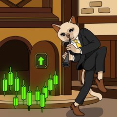 An anthropomorphic cat in a suit plays a trumpet, casting a spell that transforms glowing green candlestick charts into an orderly formation. The image visually represents the caption's message that $CASHCAT controls the market, with the cat's trumpet "command" causing the candlesticks to follow its rhythm.