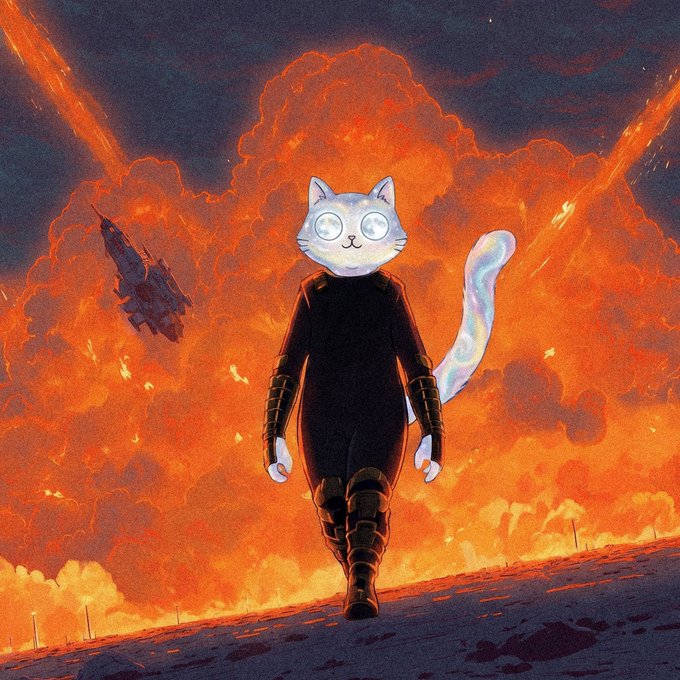 An illustrated scene of an anthropomorphic white cat with glowing eyes wearing black armor, walking away from a massive fiery explosion with a spaceship in the sky.