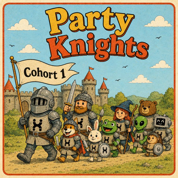The image features a cartoon illustration of a group of characters dressed in medieval-style armor walking together down a path towards a castle, with a banner that reads "Party Knights Cohort 1". The text at the bottom of the image states "Introducing the official HPP Ambassador Program: Party Knights Party Knights are those selected to represent and grow the HPP ecosystem through quality content, accurate information, and genuine engagement."