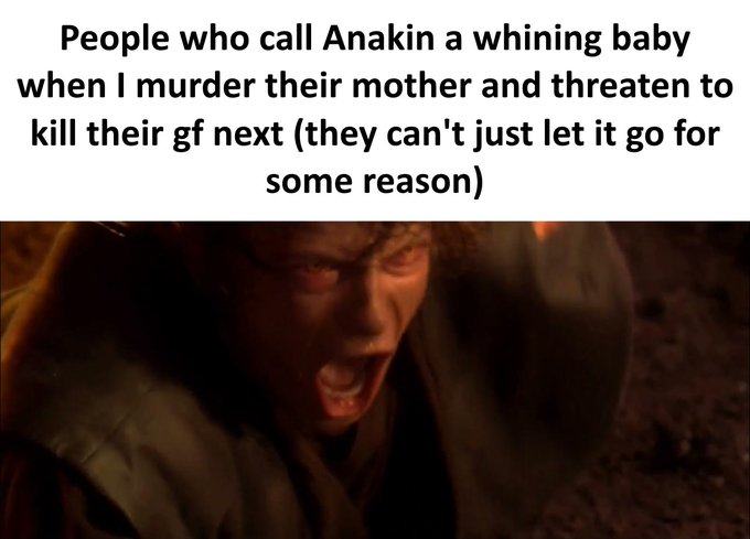 A Star Wars meme featuring Anakin Skywalker yelling with text reading: "People who call Anakin a whining baby when I murder their mother and threaten to kill their gf next (they can't just let it go for some reason)"