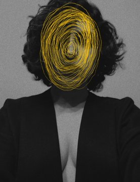 An artistic black-and-white portrait of a person in a black blazer with their face obscured by a swirling yellow spiral pattern.