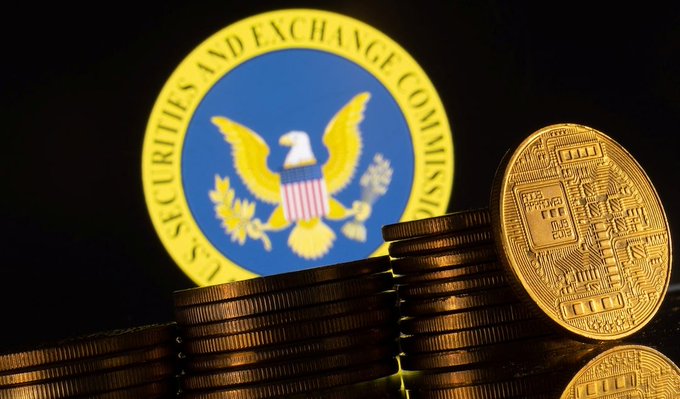 Stacks of gold-colored coins with intricate detailing sit in front of the blue and gold seal of the U.S. Securities and Exchange Commission on a dark background.
