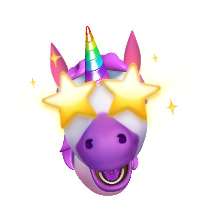 A purple cartoon unicorn head with star-shaped eyes and a rainbow-colored spiral horn, decorated with glowing sparkles.