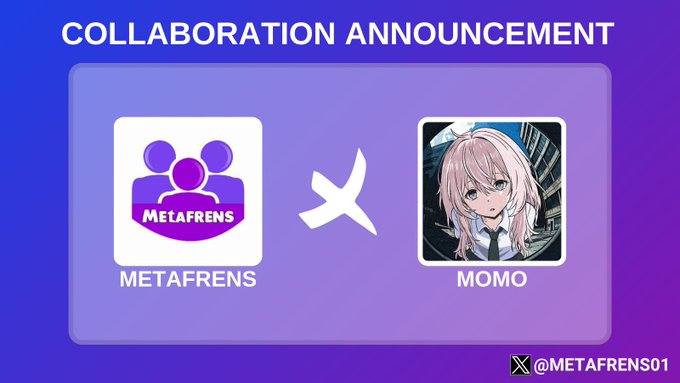 The image features a poster or banner that announces a collaboration between two companies, specifically, the company "metafrens" and the company "momo". The text on the poster reads "Collaboration Announcement", followed by an image of a person's face with the name "momo" written below it. The background color is purple, which contrasts with the white text.