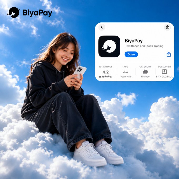 A promotional image for the BiyaPay app, featuring a smiling young woman sitting on a cloud against a blue sky while using her phone, alongside an App Store listing showing a 4.2 rating for the 'Remittance and Stock Trading' app.