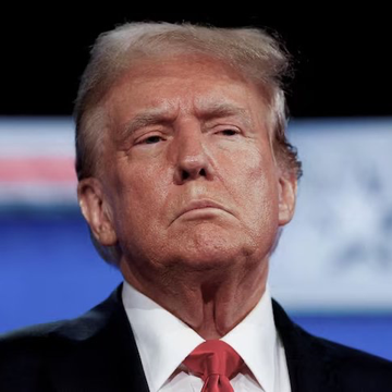 Donald Trump, wearing a dark suit and red tie, gazes seriously upward in a close-up portrait, with the accompanying post linking his image to his reported bullish financial disclosures showing significant new investments in Coinbase and Strategy (formerly MicroStrategy) shares.