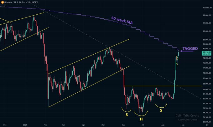 A daily Bitcoin/U.S. Dollar chart shows BTC's price surging approximately 29% in one week to tag the 50-week moving average near $80,578, following bullish "S" and "H" inverse head-and-shoulders pattern completions marked at the June and August lows.