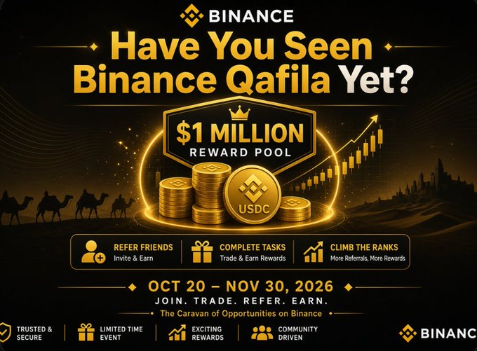 A Binance promotional banner asking 'Have You Seen Binance Qafila Yet?' with a $1 MILLION REWARD POOL, running from OCT 20 – NOV 30, 2026, and showing gold USDC coins and a camel caravan.
