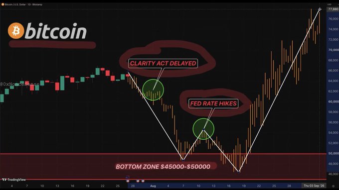 A Bitcoin (BTC/USD) candlestick chart highlights two recent bearish catalysts—"Clarity Act Delayed" and "Fed Rate Hikes"—that drove price down to a bottom zone of $45,000–$50,000, followed by sharp V-shaped recoveries, suggesting BTC is now repeating the same recovery pattern.