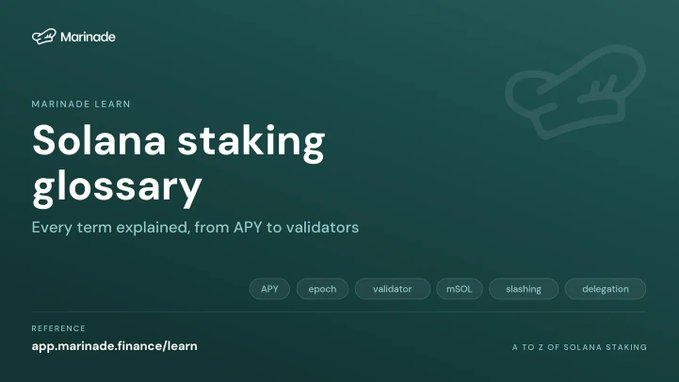 A dark green graphic for 'Marinade' titled 'Solana staking glossary,' listing terms like APY, epoch, validator, mSOL, slashing, and delegation.