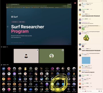 A Discord interface showing a server called "Surf Researcher Program" with channels and a sidebar of users, with one username highlighted in yellow.