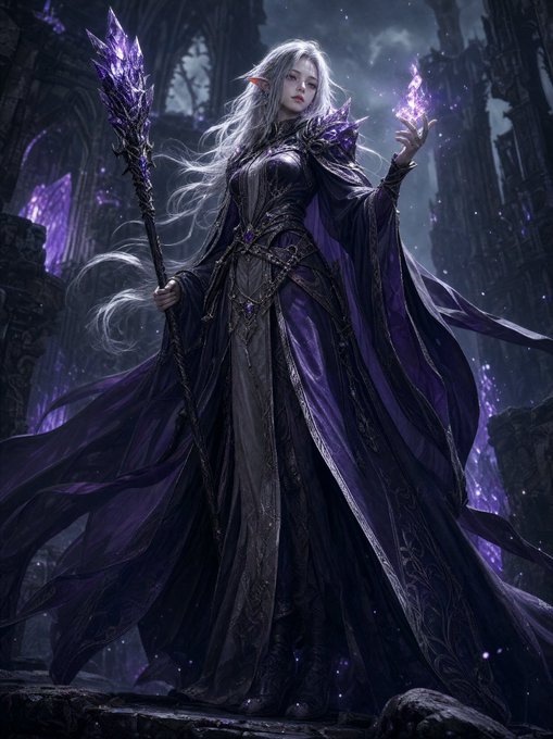 Digital fantasy art of a white-haired elf woman in a flowing purple and black gown holding a staff and magical purple flames amid gothic ruins.