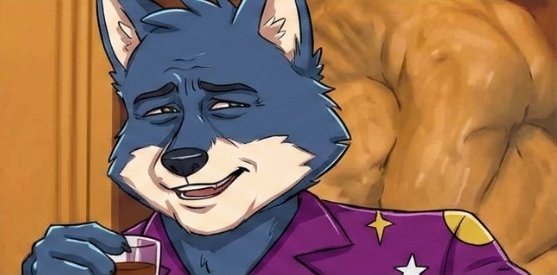 An animated anthropomorphic wolf character with blue-gray fur wearing a purple shirt with star patterns, smiling while holding a glass of liquor in a bar setting.