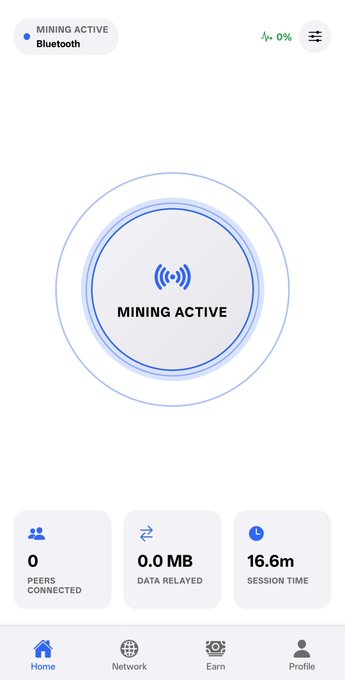 A mobile app interface shows "MINING ACTIVE" via Bluetooth with 0 peers connected, 0.0 MB data relayed, and a 16.6m session time, illustrating the active mining feature of the OfflineProtocol app promoted in the post as a free, easy-to-setup early points farming opportunity.