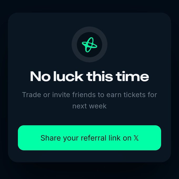 A dark-themed Nansen interface displays a "No luck this time" message after a raffle, prompting users to trade or invite friends to earn tickets for next week, with a bright green "Share your referral link on X" button below. The image relates to the post by showing the user's raffle result, which they unfortunately did not win.