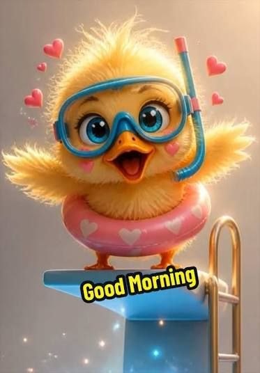 Cute 3D-rendered yellow chick wearing blue snorkel goggles and a pink heart-patterned inner tube, standing on a diving board with 'Good Morning' text and floating heart emojis.