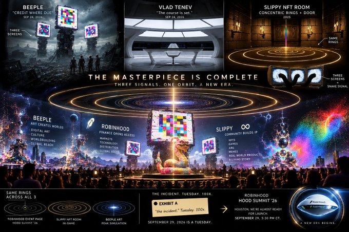A promotional graphic titled 'THE MASTERPIECE IS SET' announcing events featuring Beeple, Vlad Tenev, Robinhood, and Slippy NFT Room on September 29, 2026, with mentions of 'Exhibit A' and 'Robinhood Hood Summit' in Houston.