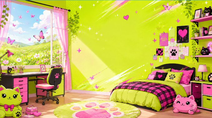 A brightly colored, anime-style bedroom featuring lime green walls, pink accents, a desk with a paw-print chair, cat-themed decor including paw print pillows, plushes, and butterflies floating near a window overlooking a flower field.
