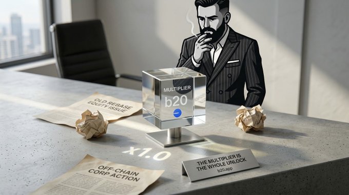 A conceptual illustration of a man in a pinstripe suit contemplating a holographic "MULTIPLIER b20" cube on a desk with crumpled papers reading "OFF-CHAIN CORP ACTION" and "THE MULTIPLIER IS THE WHOLE UNLOCK".