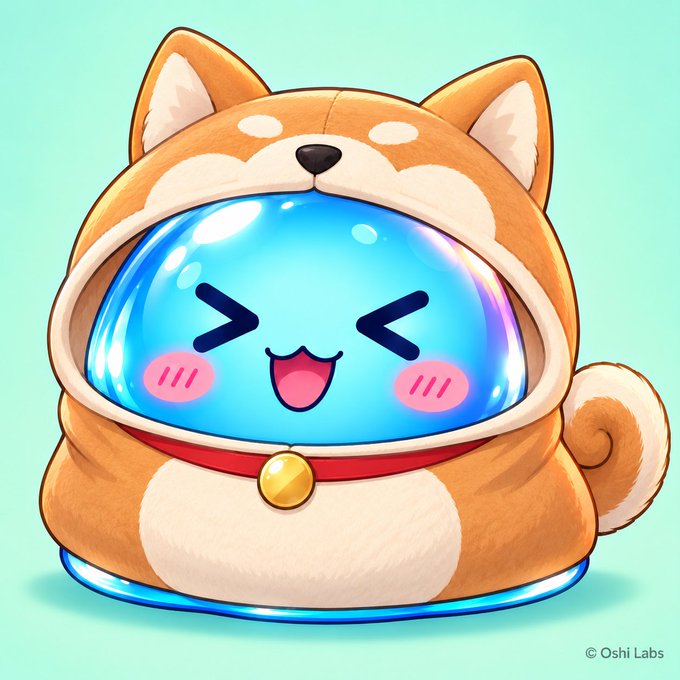 A cute cartoon illustration of a blue slime character wearing a brown and white Shiba Inu dog hood with a red collar and gold bell, credited to 'Oshi Labs'.