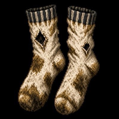A pixel art rendering of a pair of knitted socks in cream and tan colors with a diamond pattern, possibly an armor or clothing item from a video game.