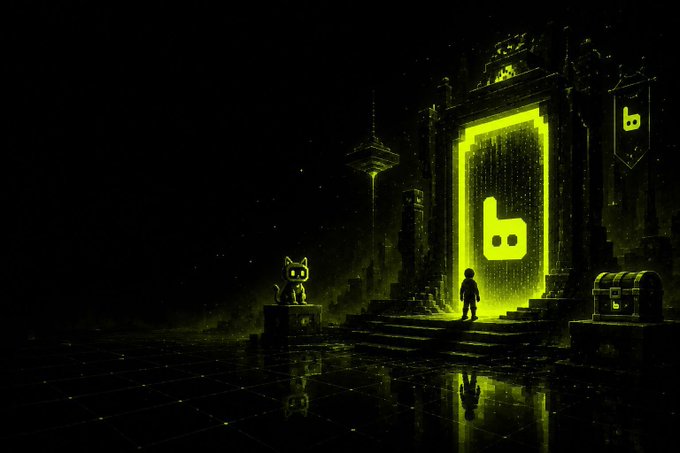 A neon-lit digital scene shows a small figure standing before a glowing portal emblazoned with the "b" logo, accompanied by a pixel-art cat and treasure chest in a cyberpunk-style landscape, representing the secure whitelist access for Bappfun's free mint collection.